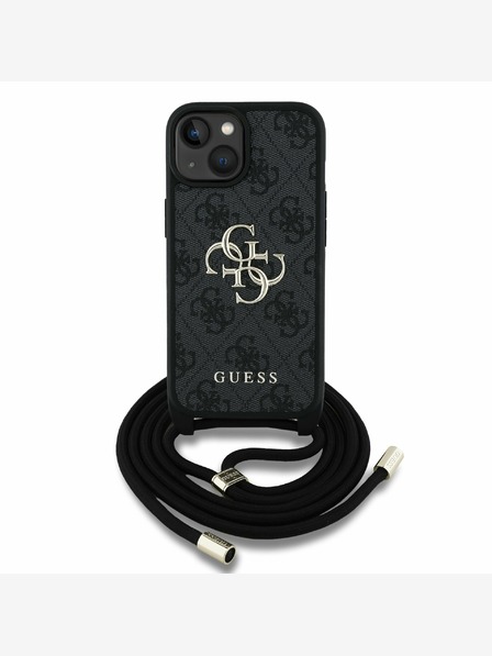 Guess PU 4G Metal Logo Crossbody Popruh Zadní Kryt pro iPhone 15 Black Ovitek za telefon