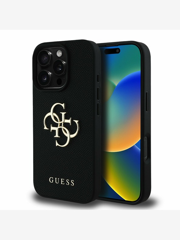 Guess PU Grained 4G Metal Logo Zadní Kryt pro iPhone 16 Pro Black Ovitek za telefon