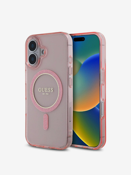 Guess IML Glitter Ring MagSafe Zadní Kryt pro iPhone 16 Pink Ovitek za telefon