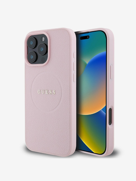 Guess PU Grained Classic Logo MagSafe Zadní Kryt pro iPhone 16 Pro Pink Ovitek za telefon