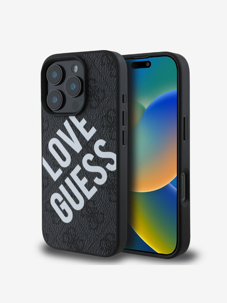 Guess PU Leather 4G Big Love Logo MagSafe Zadní Kryt pro iPhone 16 Pro Black Ovitek za telefon