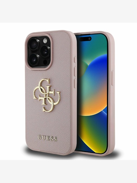 Guess PU Grained 4G Metal Logo Zadní Kryt pro iPhone 15 Pro Pink Ovitek za telefon