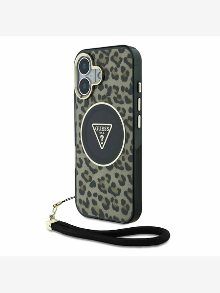 Guess IML Leopard Triangle Logo Strap MagSafe Zadní Kryt pro iPhone 16 Brown Ovitek za telefon