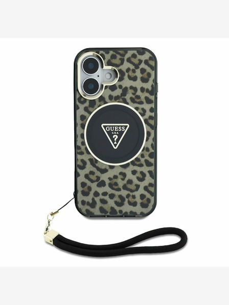 Guess IML Leopard Triangle Logo Strap MagSafe Zadní Kryt pro iPhone 16 Brown Ovitek za telefon