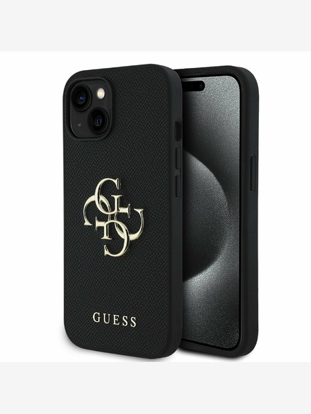 Guess PU Grained 4G Metal Logo Zadní Kryt pro iPhone 15 Black Ovitek za telefon