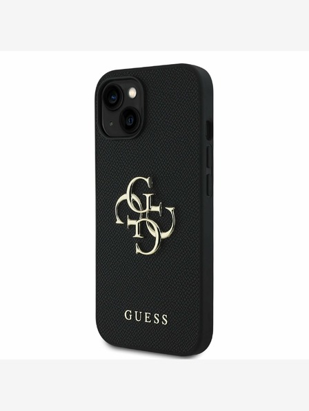 Guess PU Grained 4G Metal Logo Zadní Kryt pro iPhone 15 Black Ovitek za telefon