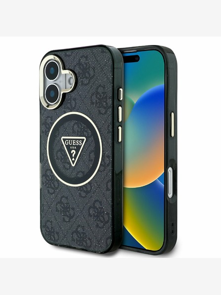 Guess IML 4G Glitter and Triangle Logo MagSafe Zadní Kryt pro iPhone 16 Black Ovitek za telefon