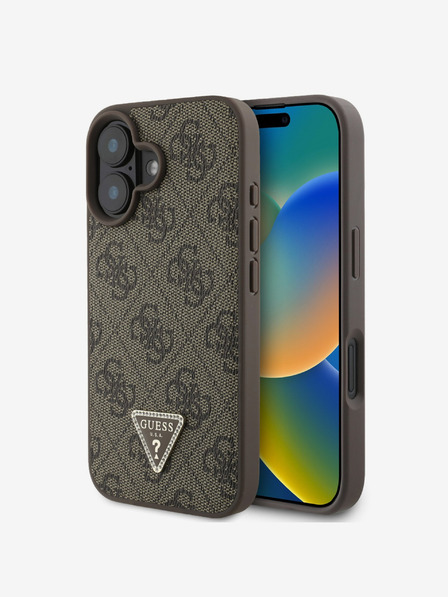 Guess PU 4G Strass Triangle Metal Logo Zadní Kryt pro iPhone 16 Brown Ovitek za telefon