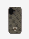 Guess PU 4G Strass Triangle Metal Logo Zadní Kryt pro iPhone 16 Brown Ovitek za telefon