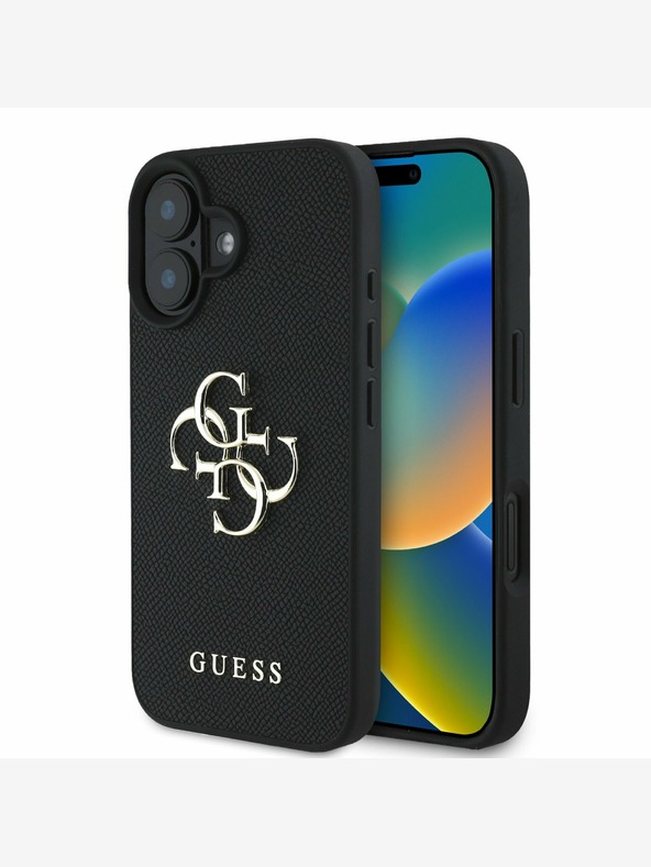 Guess PU Grained 4G Metal Logo Zadní Kryt pro iPhone 16 Black Ovitek za telefon