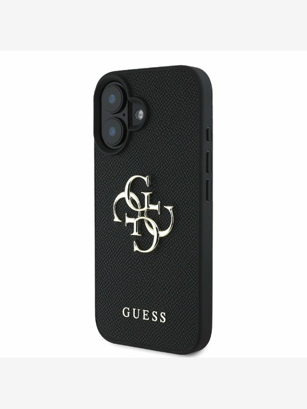 Guess PU Grained 4G Metal Logo Zadní Kryt pro iPhone 16 Black Ovitek za telefon