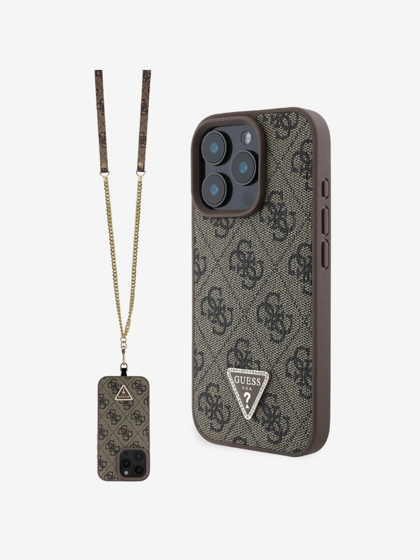 Guess PU 4G Strass Triangle Metal Logo Zadní Kryt + Crossbody Popruh pro iPhone 16 Pro Brown Ovitek za telefon