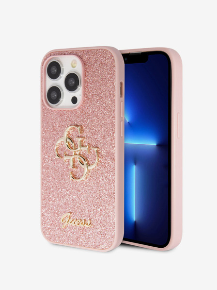 Guess PU Fixed Glitter 4G Metal Logo Zadní Kryt pro iPhone 15 Pro Pink Ovitek za telefon