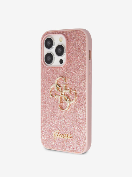 Guess PU Fixed Glitter 4G Metal Logo Zadní Kryt pro iPhone 15 Pro Pink Ovitek za telefon