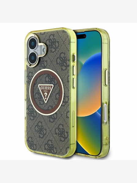 Guess IML 4G Glitter and Triangle Logo MagSafe Zadní Kryt pro iPhone 16 Brown Ovitek za telefon