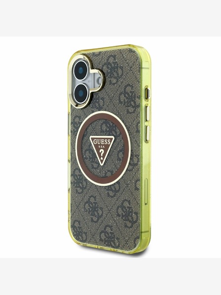 Guess IML 4G Glitter and Triangle Logo MagSafe Zadní Kryt pro iPhone 16 Brown Ovitek za telefon