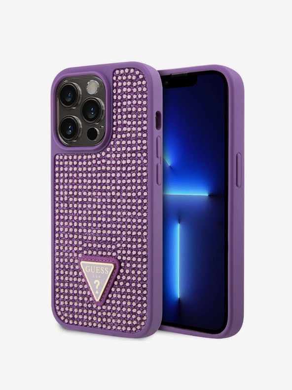 Guess Rhinestones Triangle Metal Logo Kryt pro iPhone 15 Pro Purple Ovitek za telefon