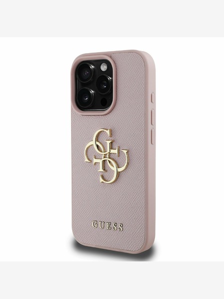 Guess PU Grained 4G Metal Logo Zadní Kryt pro iPhone 16 Pro Max Pink Ovitek za telefon