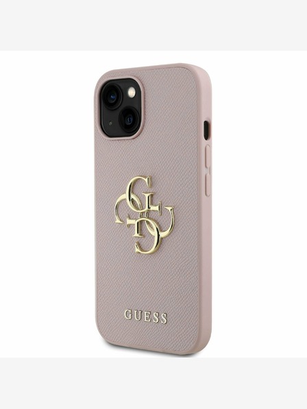 Guess PU Grained 4G Metal Logo Zadní Kryt pro iPhone 15 Pink Ovitek za telefon