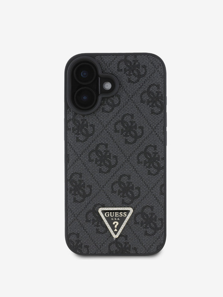 Guess PU 4G Strass Triangle Metal Logo Zadní Kryt pro iPhone 16 Black Ovitek za telefon