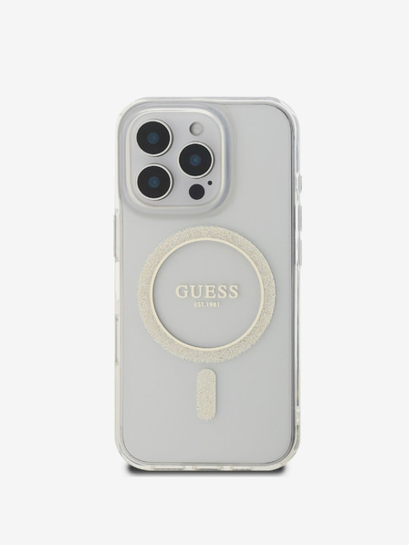 Guess IML Glitter Ring MagSafe Zadní Kryt pro iPhone 16 Pro Transparent Ovitek za telefon