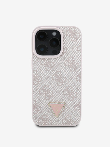 Guess PU 4G Strass Triangle Metal Logo Zadní Kryt pro iPhone 16 Pro Max Pink Ovitek za telefon