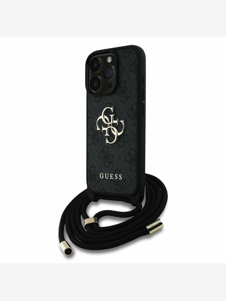 Guess PU 4G Metal Logo Crossbody Popruh Zadní Kryt pro iPhone 16 Pro Max Black Ovitek za telefon