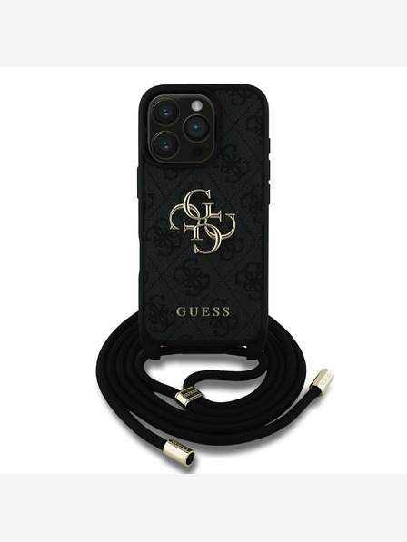 Guess PU 4G Metal Logo Crossbody Popruh Zadní Kryt pro iPhone 16 Pro Max Black Ovitek za telefon