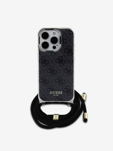 Guess IML 4G Printed Crossbody Popruh Zadní Kryt pro iPhone 16 Pro Max Black Ovitek za telefon