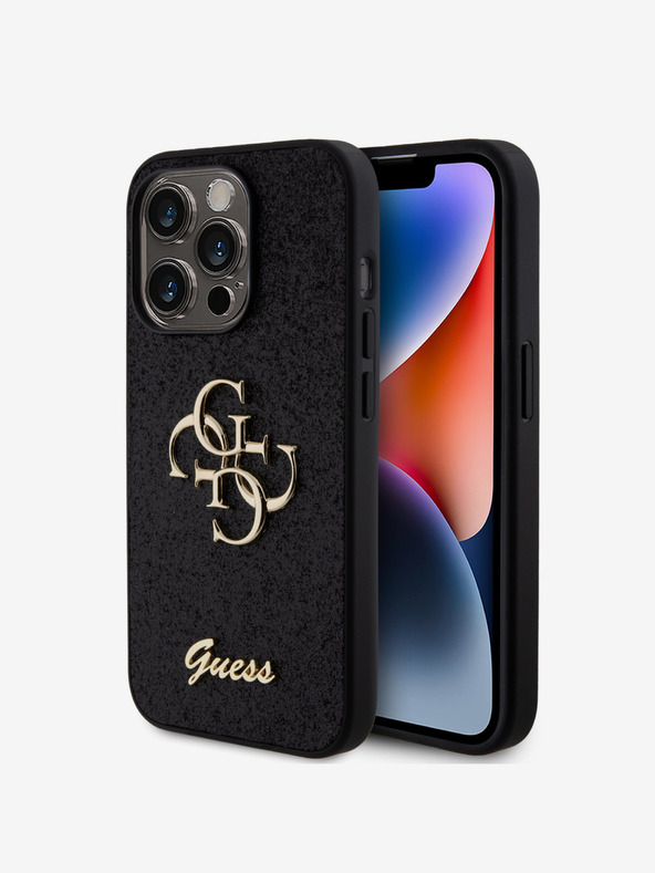 Guess PU Fixed Glitter 4G Metal Logo Zadní Kryt pro iPhone 15 Pro Black Ovitek za telefon