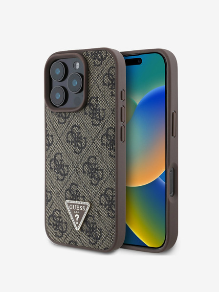 Guess PU 4G Strass Triangle Metal Logo Zadní Kryt pro iPhone 16 Pro Max Brown Ovitek za telefon