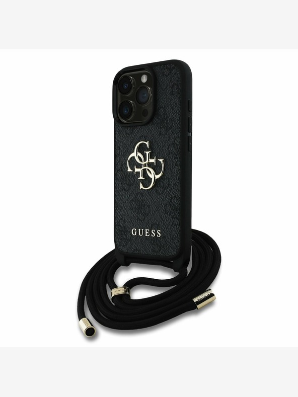 Guess PU 4G Metal Logo Crossbody Popruh Zadní Kryt pro iPhone 15 Pro Max Black Ovitek za telefon