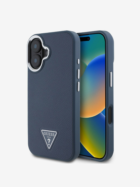 Guess PU Grained Triangle Logo Zadní Kryt pro iPhone 16 Blue Ovitek za telefon