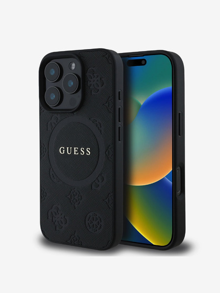 Guess Saffiano Peony Stamp MagSafe Zadní Kryt pro iPhone 16 Pro Black Ovitek za telefon