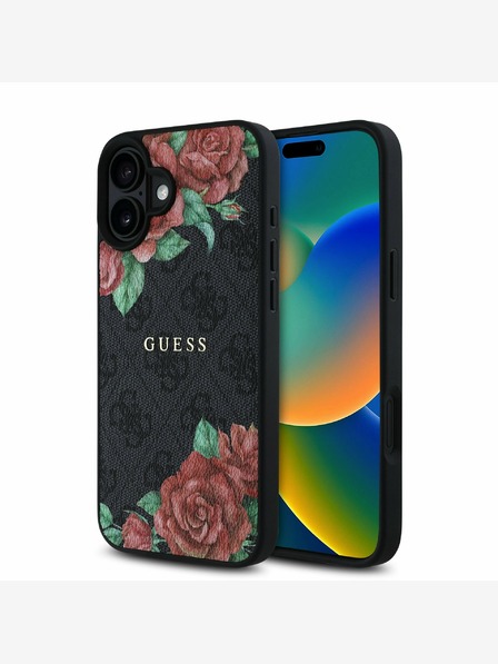 Guess PU Leather 4G Roses MagSafe Zadní Kryt pro iPhone 16 Black Ovitek za telefon