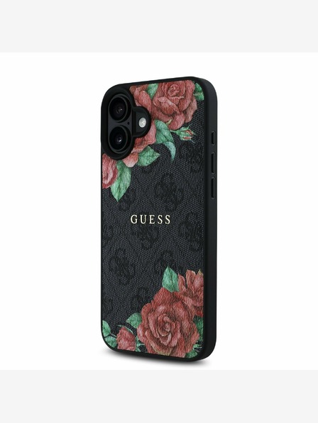 Guess PU Leather 4G Roses MagSafe Zadní Kryt pro iPhone 16 Black Ovitek za telefon