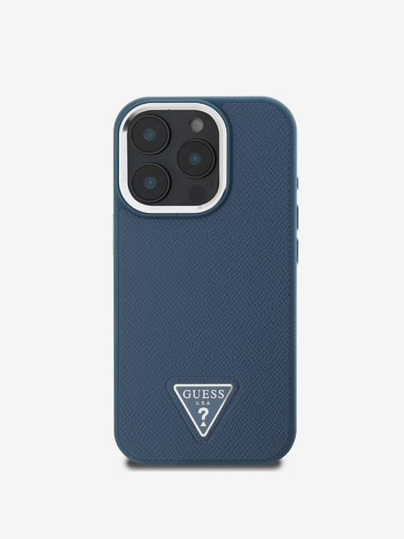 Guess PU Grained Triangle Logo Zadní Kryt pro iPhone 16 Pro Max Blue Ovitek za telefon