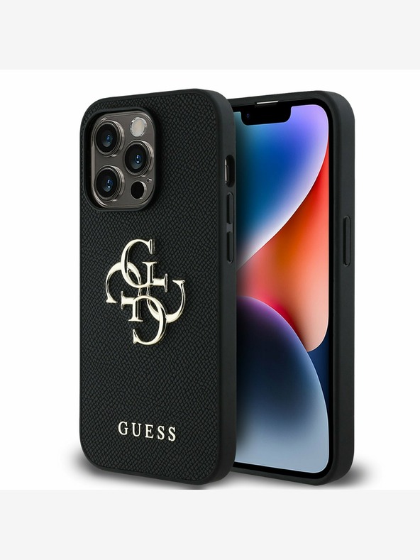 Guess PU Grained 4G Metal Logo Zadní Kryt pro iPhone 13 Pro Black Ovitek za telefon