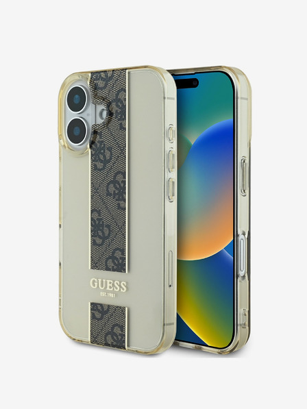 Guess IML Middle 4G Stripe Zadní Kryt pro iPhone 16 Brown Ovitek za telefon