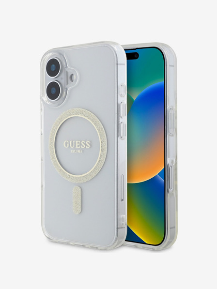 Guess IML Glitter Ring MagSafe Zadní Kryt pro iPhone 16 Transparent Ovitek za telefon