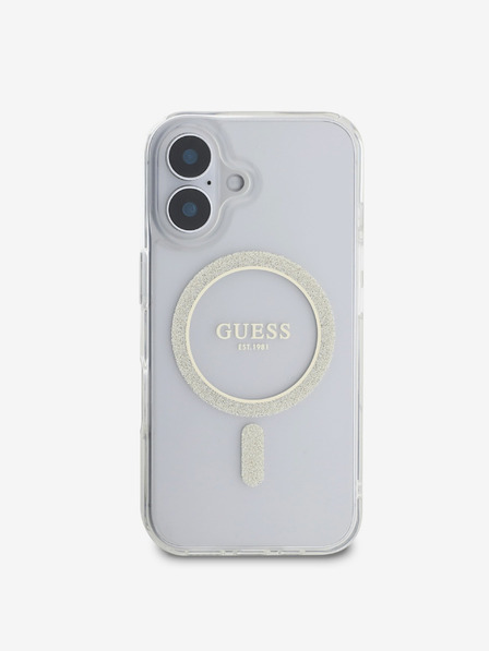 Guess IML Glitter Ring MagSafe Zadní Kryt pro iPhone 16 Transparent Ovitek za telefon