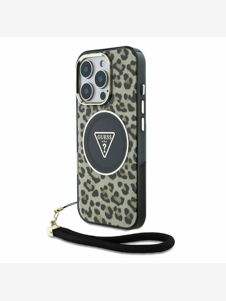 Guess IML Leopard Triangle Logo Strap MagSafe Zadní Kryt pro iPhone 16 Pro Brown Ovitek za telefon