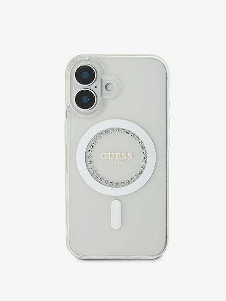 Guess IML Rhinestones Ring MagSafe Zadní Kryt pro iPhone 16 White Ovitek za telefon