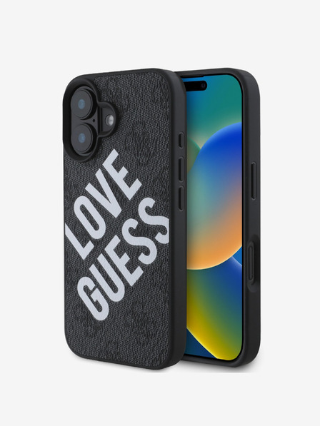 Guess PU Leather 4G Big Love Logo MagSafe Zadní Kryt pro iPhone 16 Black Ovitek za telefon