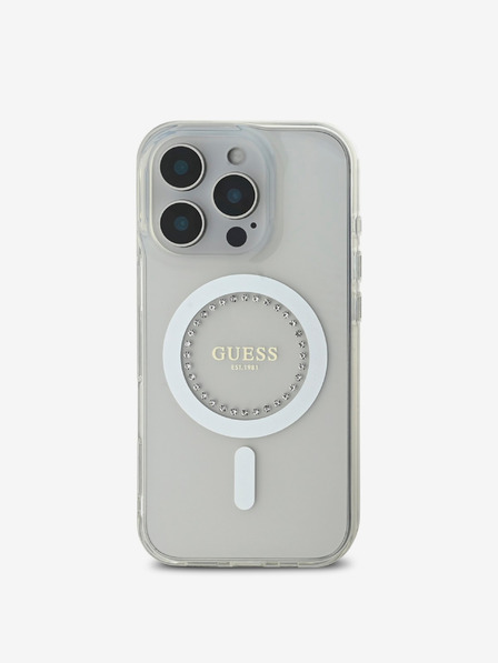 Guess IML Rhinestones Ring MagSafe Zadní Kryt pro iPhone 16 Pro White Ovitek za telefon