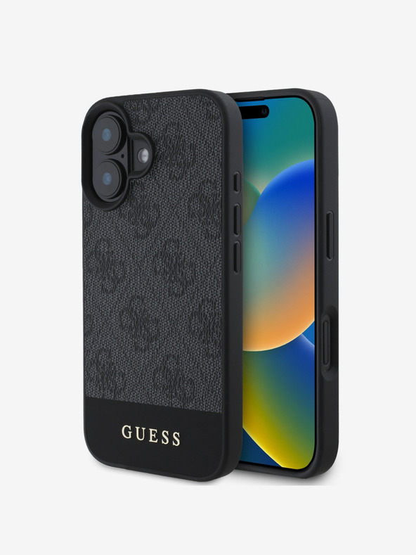 Guess PU 4G Stripe Zadní Kryt pro iPhone 16 Grey Ovitek za telefon