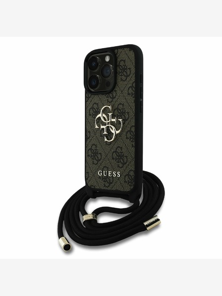 Guess PU 4G Metal Logo Crossbody Popruh Zadní Kryt pro iPhone 16 Pro Brown Ovitek za telefon