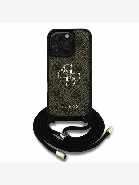 Guess PU 4G Metal Logo Crossbody Popruh Zadní Kryt pro iPhone 16 Pro Brown Ovitek za telefon