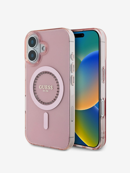 Guess IML Rhinestones Ring MagSafe Zadní Kryt pro iPhone 16 Pink Ovitek za telefon