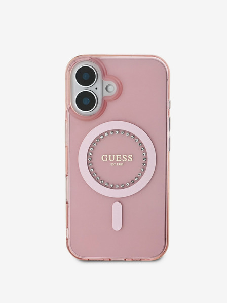 Guess IML Rhinestones Ring MagSafe Zadní Kryt pro iPhone 16 Pink Ovitek za telefon